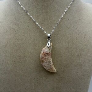 Coral Fossil Jade Crescent Moon Pendant Necklace on Silver Chain